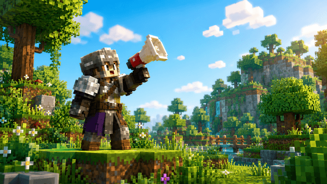 A character in voxel armour raising a megaphone over a green Swordwound landscape